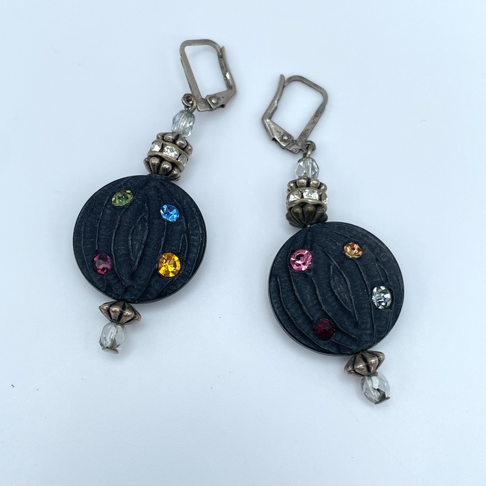 Vintage Y2K Black Disc Silver Tone Dangle Earrings Rhinestones Women's Jewelry